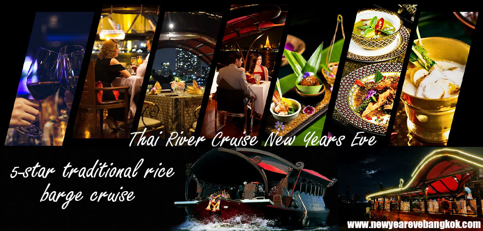 Rice barge new year dinner cruise Bangkok Thailand by 5-star Traditional rice barge cruise Manohra Cruise New Year EVE 2024