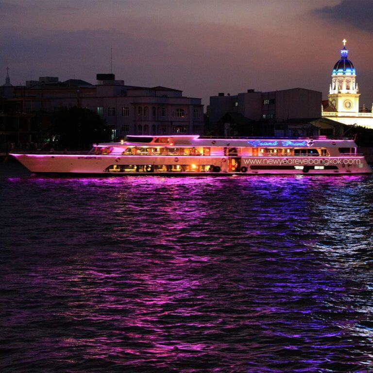 Experience an unforgettable aboard Countdown cruise Bangkok 2026 Grand Pearl Cruise. stunning fireworks over the Chao Phraya River Bangkok