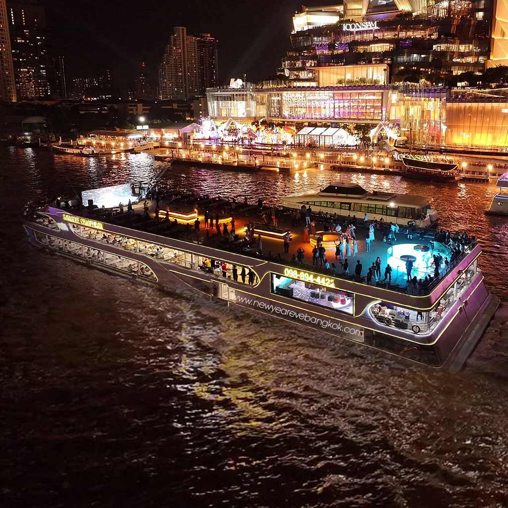 Celebrate New Year's Eve in Bangkok with a luxurious dinner cruise New Year 2026 dinner cruise Bangkok tickets Sawasdee Chaophrya Cruise