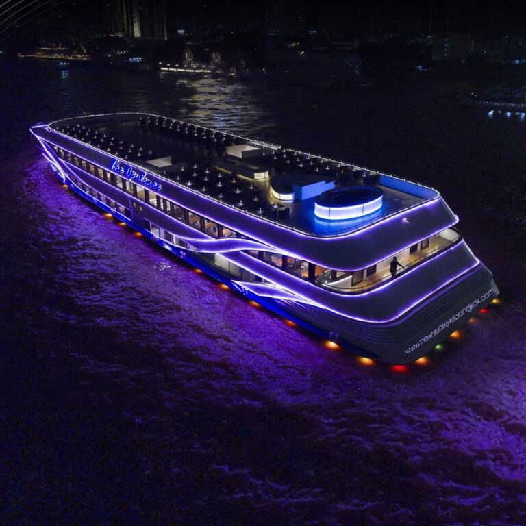 Welcome 2026 aboard best New Year's Eve 2026 dinner cruise Bangkok The Opulence Cruise. Indulge in a luxurious buffet, open bar, live music