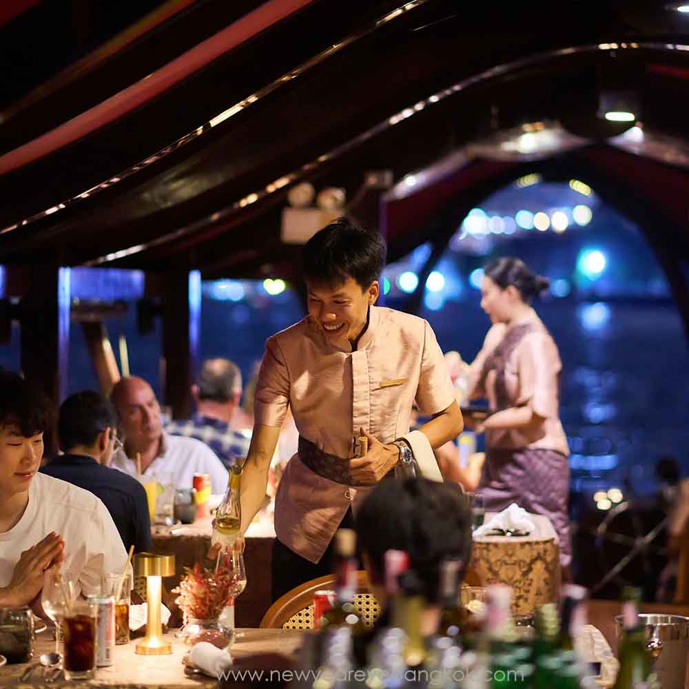 Welcome 2026 in style, romantic New Year's Eve Bangkok cruise, authentic Thai cruise dinner. New Year's Eve 2026 on Manohra Cruise Bangkok